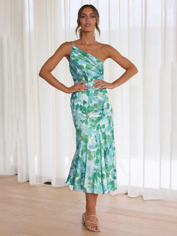 Paige - Vestito midi con scollo asimmetrico, stampa floreale e orlo a coda di pesce