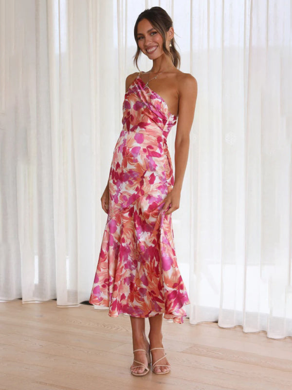 Paige - Vestito midi con scollo asimmetrico, stampa floreale e orlo a coda di pesce
