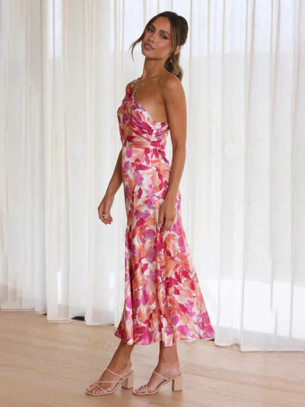 Paige - Vestito midi con scollo asimmetrico, stampa floreale e orlo a coda di pesce
