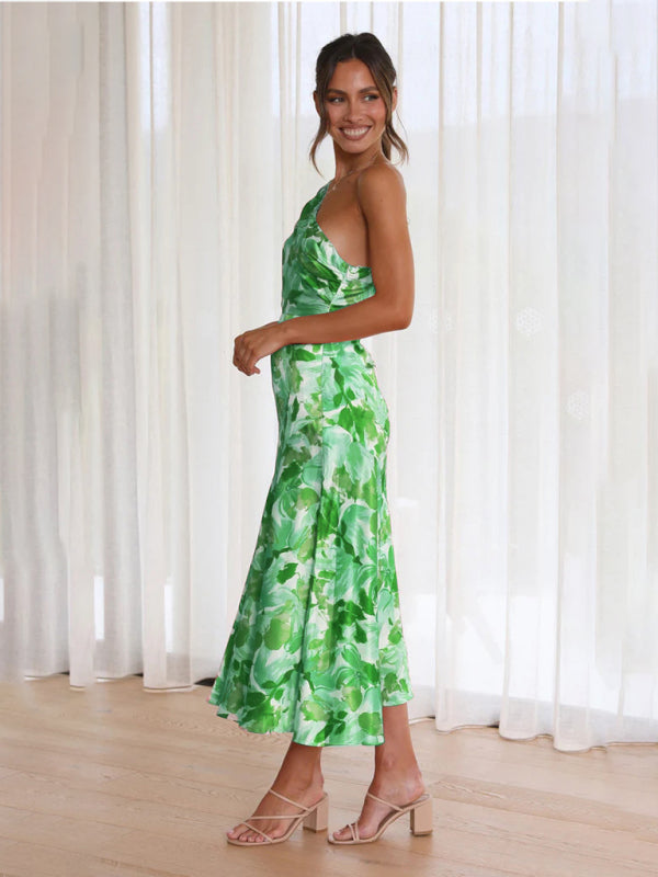 Paige - Vestito midi con scollo asimmetrico, stampa floreale e orlo a coda di pesce