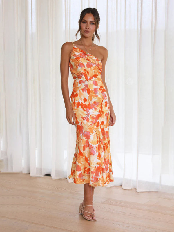 Paige - Vestito midi con scollo asimmetrico, stampa floreale e orlo a coda di pesce