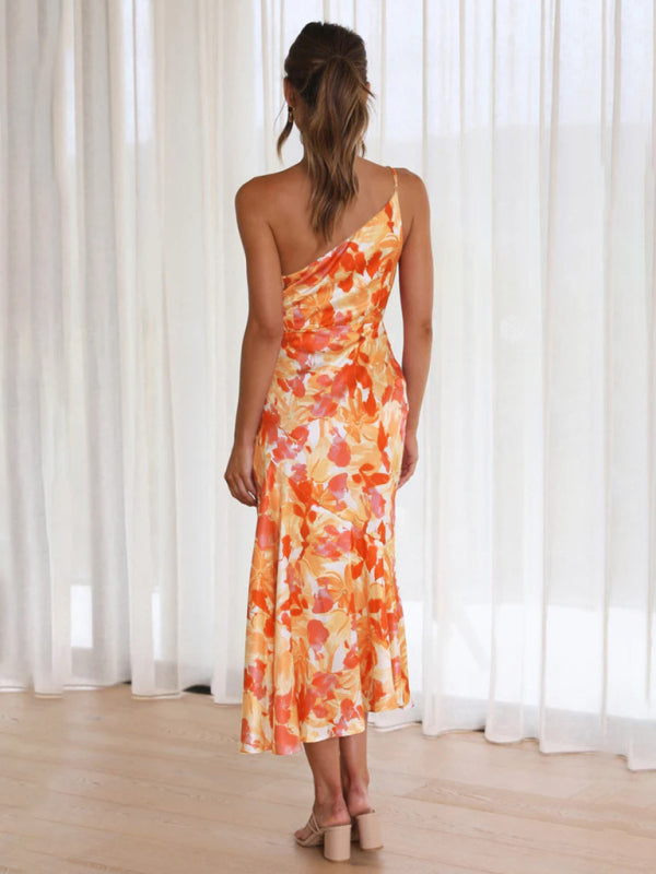 Paige - Vestito midi con scollo asimmetrico, stampa floreale e orlo a coda di pesce