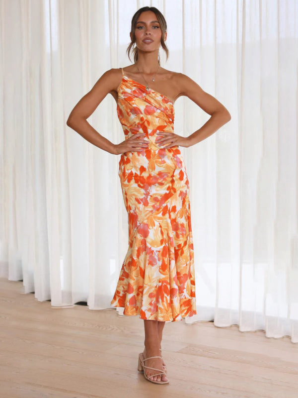 Paige - Vestito midi con scollo asimmetrico, stampa floreale e orlo a coda di pesce