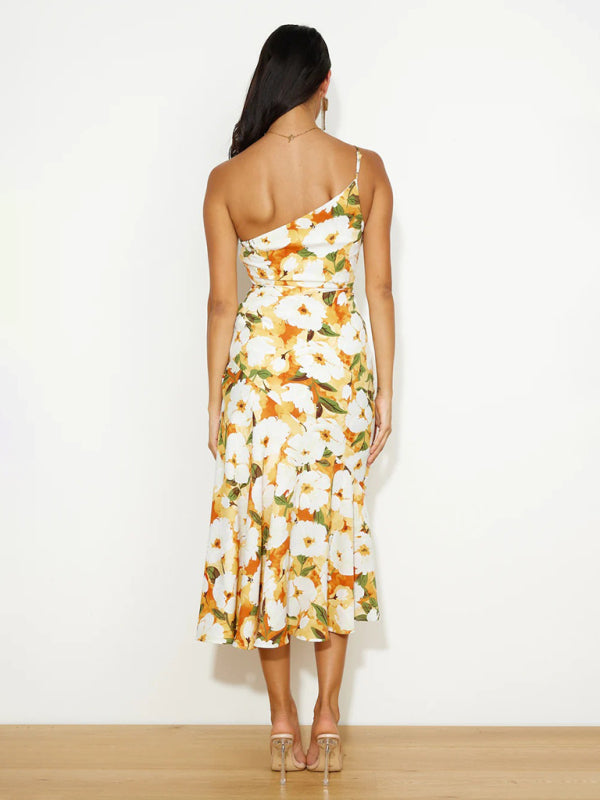 Paige - Vestito midi con scollo asimmetrico, stampa floreale e orlo a coda di pesce