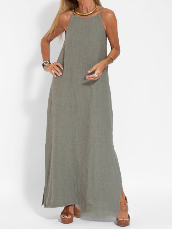 Eve - Abito lungo con scollo all'americana, spacco laterale e tessuto misto cotone e lino