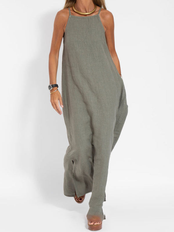 Eve - Abito lungo con scollo all'americana, spacco laterale e tessuto misto cotone e lino