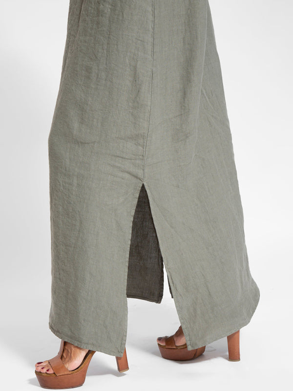 Eve - Abito lungo con scollo all'americana, spacco laterale e tessuto misto cotone e lino