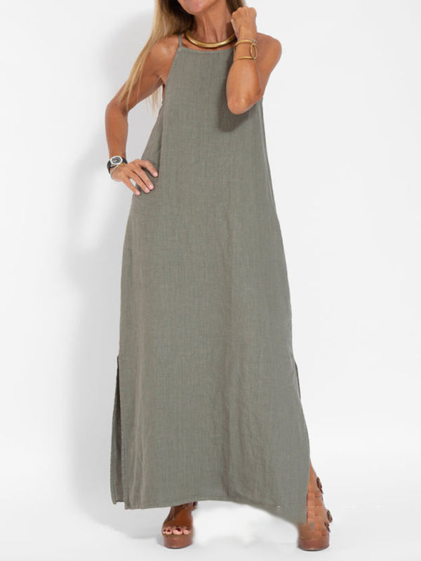 Eve - Vestido maxi halter con abertura lateral y mezcla de algodón y lino