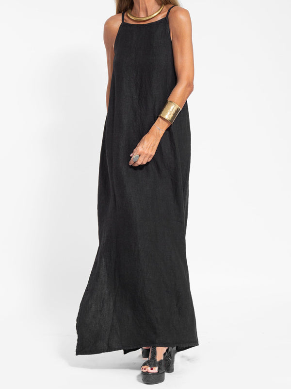Eve - Abito lungo con scollo all'americana, spacco laterale e tessuto misto cotone e lino