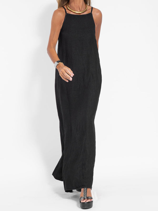 Eve - Abito lungo con scollo all'americana, spacco laterale e tessuto misto cotone e lino