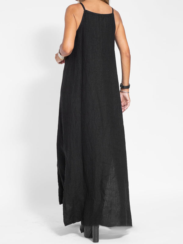 Eve - Abito lungo con scollo all'americana, spacco laterale e tessuto misto cotone e lino