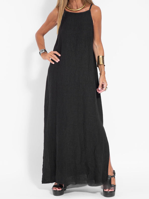 Eve - Abito lungo con scollo all'americana, spacco laterale e tessuto misto cotone e lino