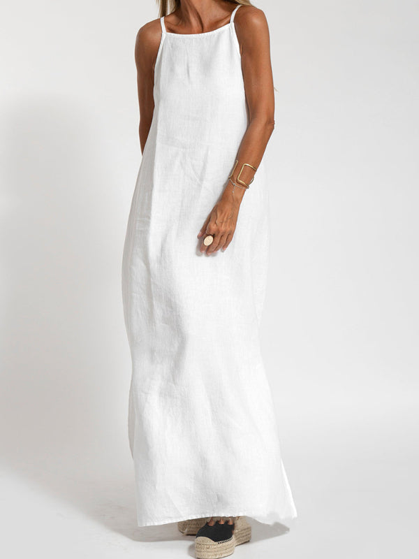 Eve - Abito lungo con scollo all'americana, spacco laterale e tessuto misto cotone e lino