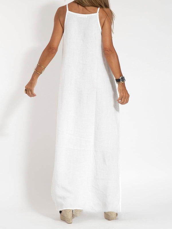 Eve - Abito lungo con scollo all'americana, spacco laterale e tessuto misto cotone e lino