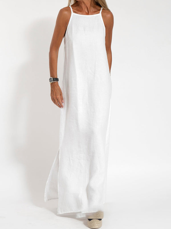 Eve - Abito lungo con scollo all'americana, spacco laterale e tessuto misto cotone e lino