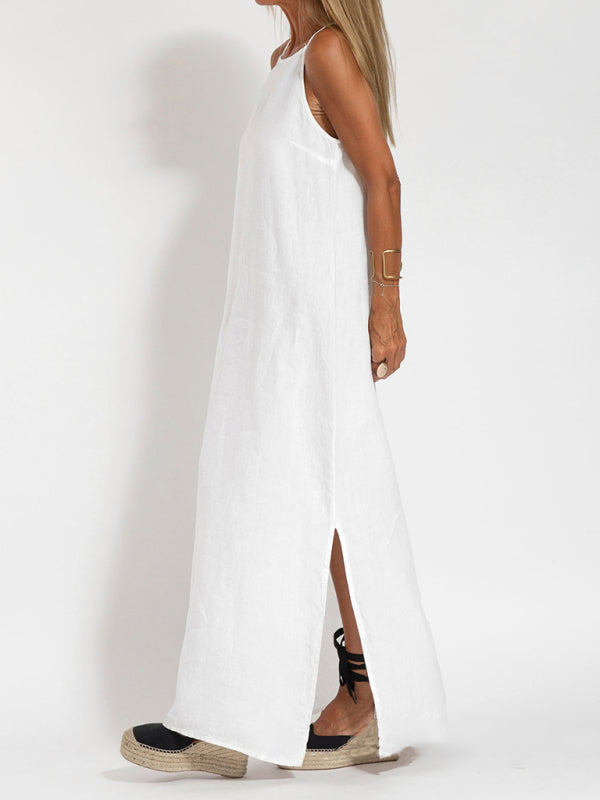 Eve - Abito lungo con scollo all'americana, spacco laterale e tessuto misto cotone e lino
