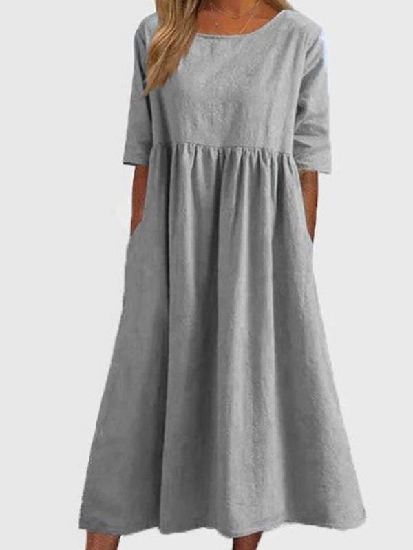 Cheyenne - Vestito Midi con Scollo Rotondo e Vita Arricciata (Disponibile in Taglie Forti)