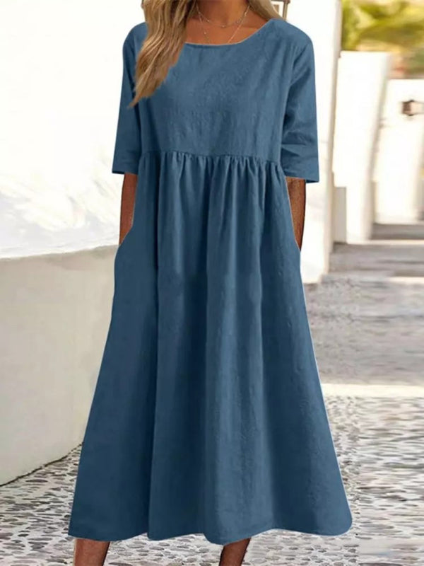 Cheyenne - Vestito Midi con Scollo Rotondo e Vita Arricciata (Disponibile in Taglie Forti)