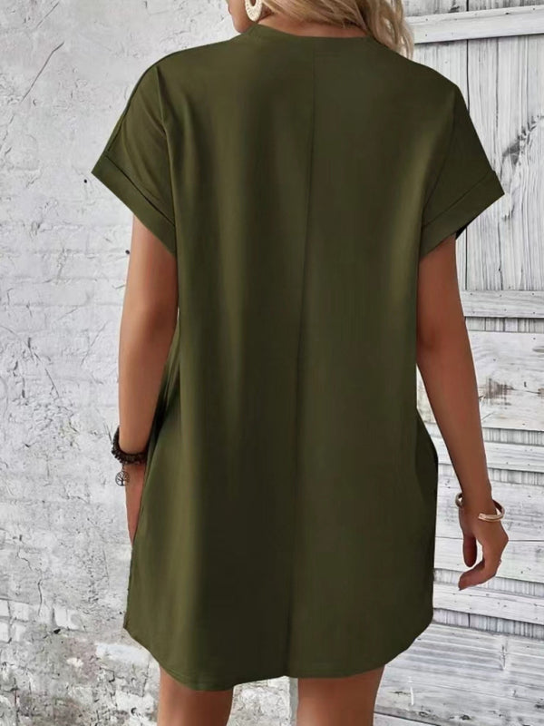 Aspen - Vestido holgado con bolsillos, cuello redondo y mangas cortas