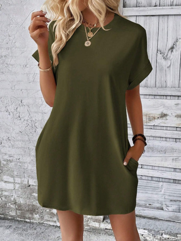Aspen - Vestido holgado con bolsillos, cuello redondo y mangas cortas