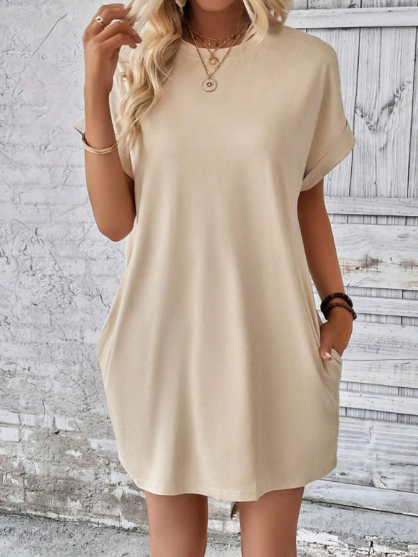 Aspen - Vestido holgado con bolsillos, cuello redondo y mangas cortas