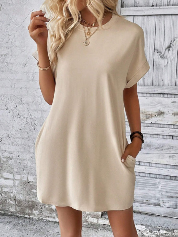 Aspen - Vestido holgado con bolsillos, cuello redondo y mangas cortas