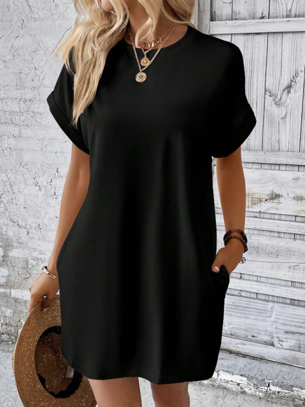 Aspen - Vestido holgado con bolsillos, cuello redondo y mangas cortas