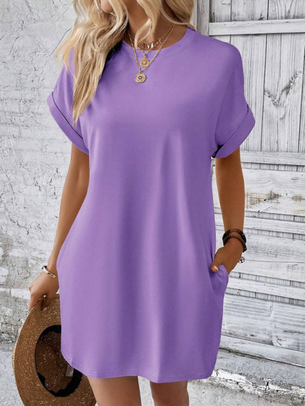 Aspen - Vestido holgado con bolsillos, cuello redondo y mangas cortas