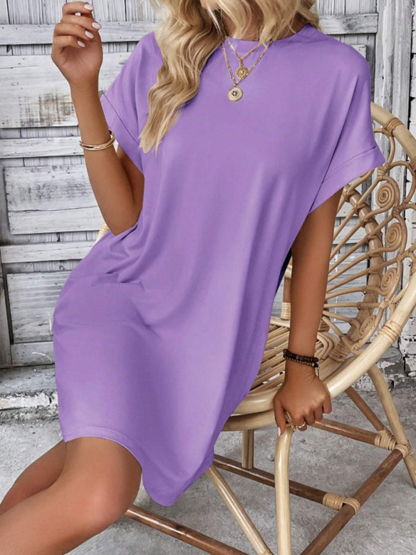 Aspen - Vestido holgado con bolsillos, cuello redondo y mangas cortas