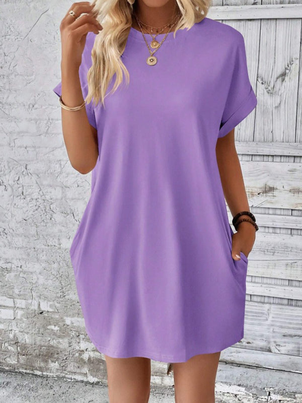 Aspen - Vestido holgado con bolsillos, cuello redondo y mangas cortas
