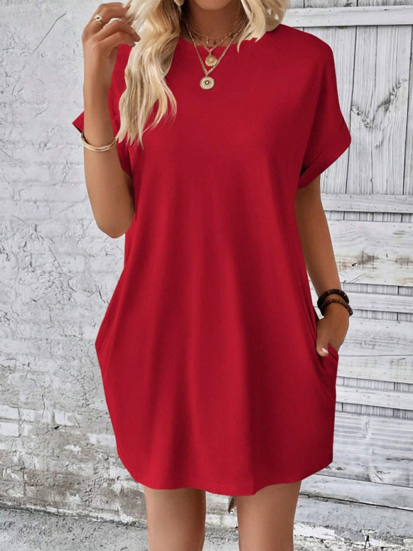 Aspen - Vestido holgado con bolsillos, cuello redondo y mangas cortas
