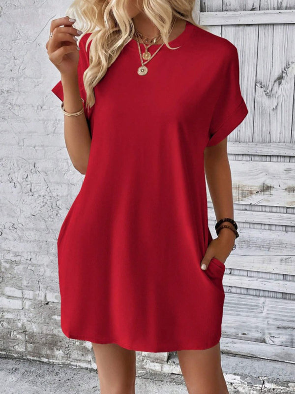 Aspen - Vestido holgado con bolsillos, cuello redondo y mangas cortas