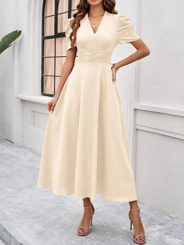 Cecily - Vestido midi con escote en V, mangas abullonadas y cintura fruncida