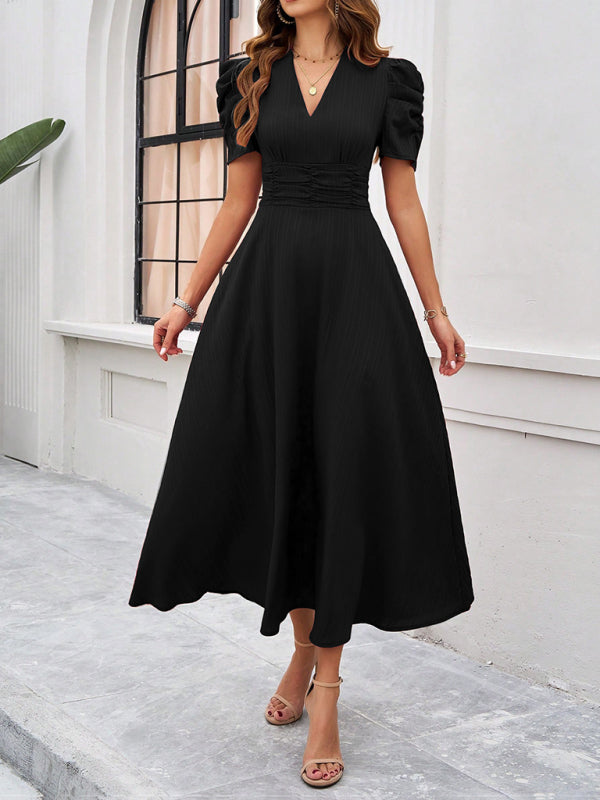 Cecily - Vestido midi con escote en V, mangas abullonadas y cintura fruncida