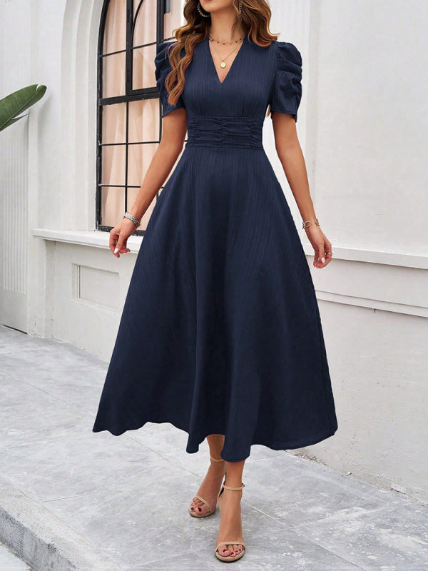 Cecily - Vestido midi con escote en V, mangas abullonadas y cintura fruncida