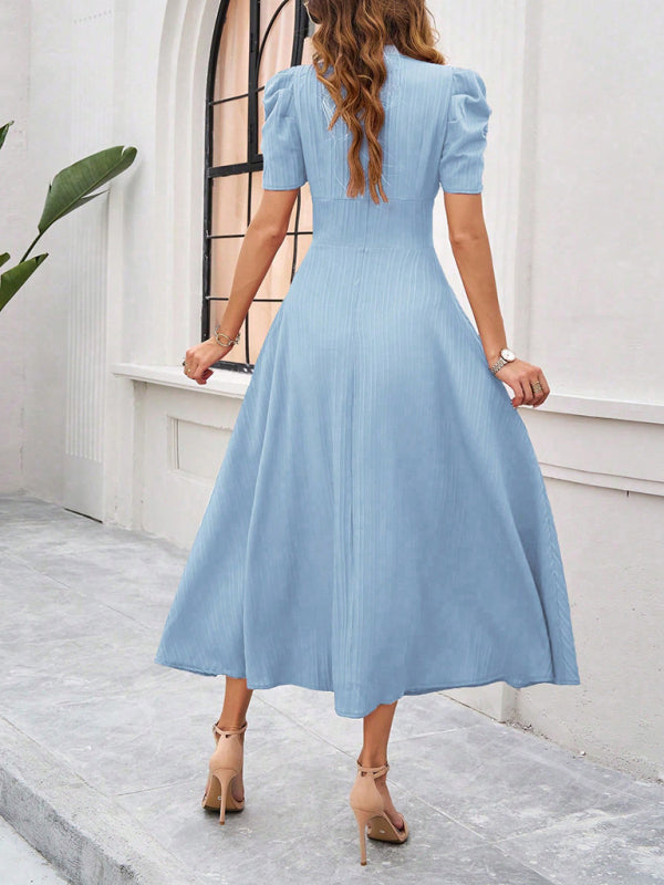Cecily - Vestido midi con escote en V, mangas abullonadas y cintura fruncida