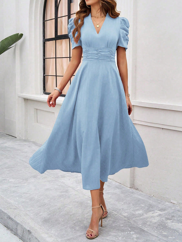 Cecily - Vestido midi con escote en V, mangas abullonadas y cintura fruncida