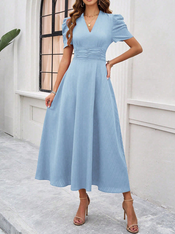 Cecily - Vestido midi con escote en V, mangas abullonadas y cintura fruncida