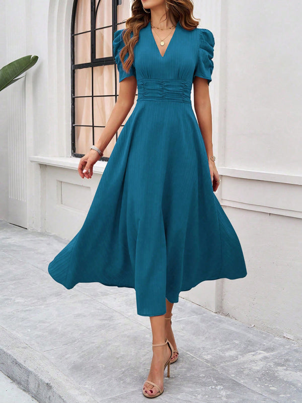 Cecily - Vestido midi con escote en V, mangas abullonadas y cintura fruncida