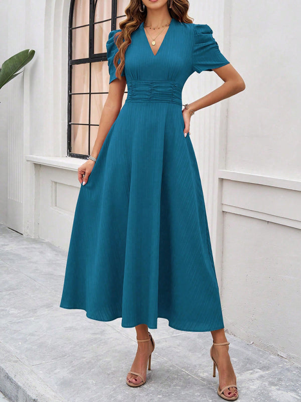 Cecily - Vestido midi con escote en V, mangas abullonadas y cintura fruncida