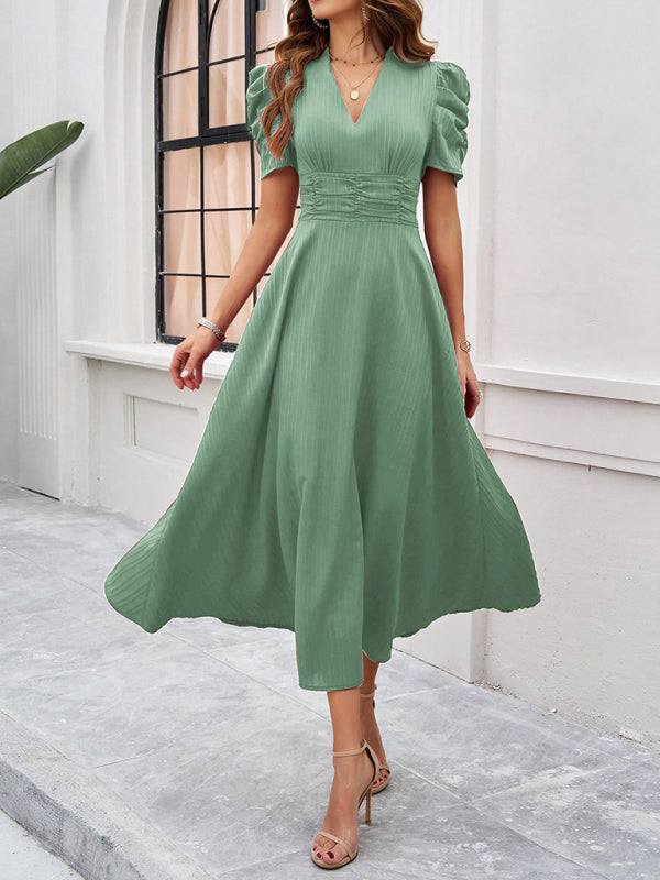 Cecily - Vestido midi con escote en V, mangas abullonadas y cintura fruncida