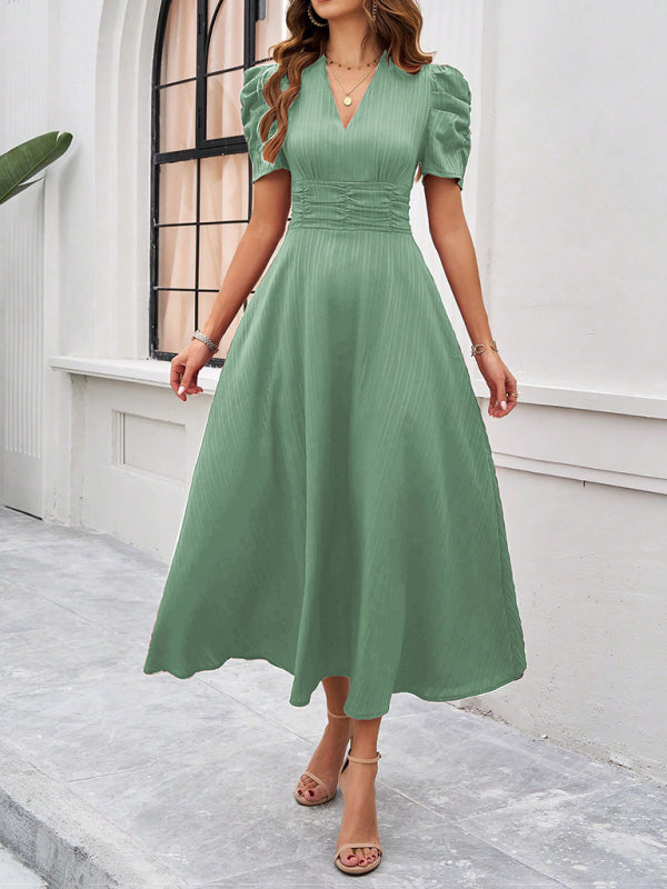 Cecily - Vestido midi con escote en V, mangas abullonadas y cintura fruncida