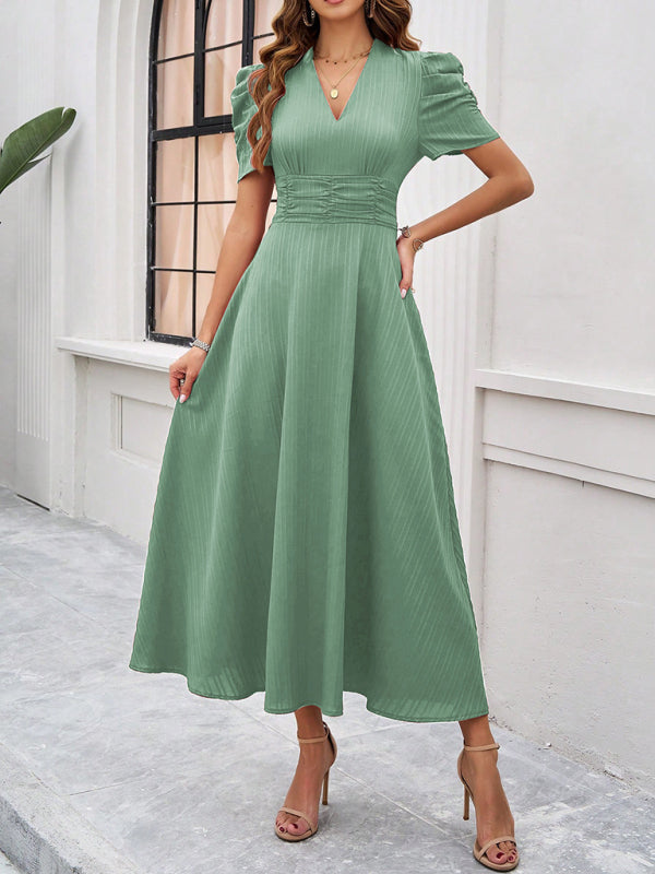 Cecily - Vestido midi con escote en V, mangas abullonadas y cintura fruncida