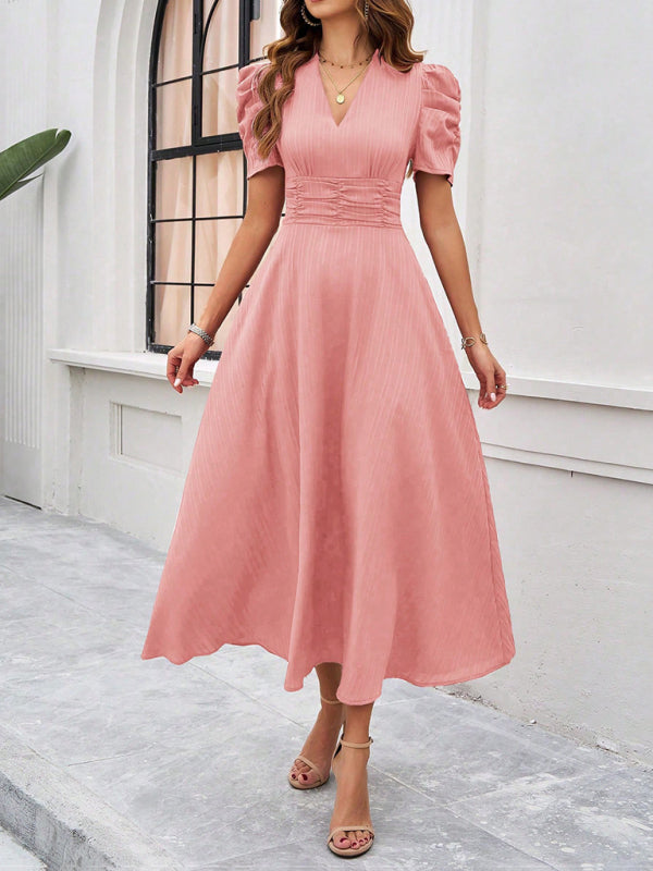 Cecily - Vestido midi con escote en V, mangas abullonadas y cintura fruncida