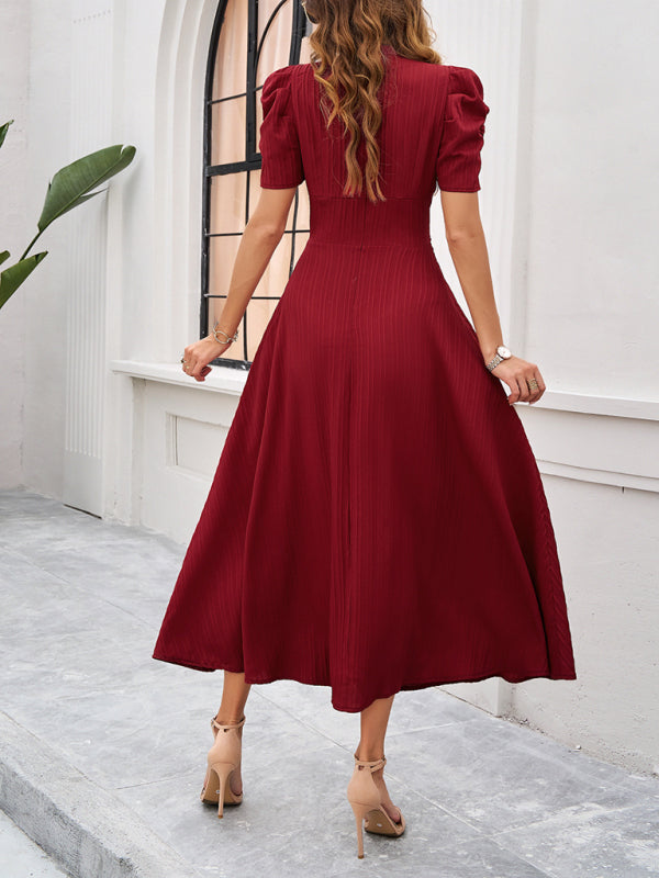 Cecily - Vestido midi con escote en V, mangas abullonadas y cintura fruncida