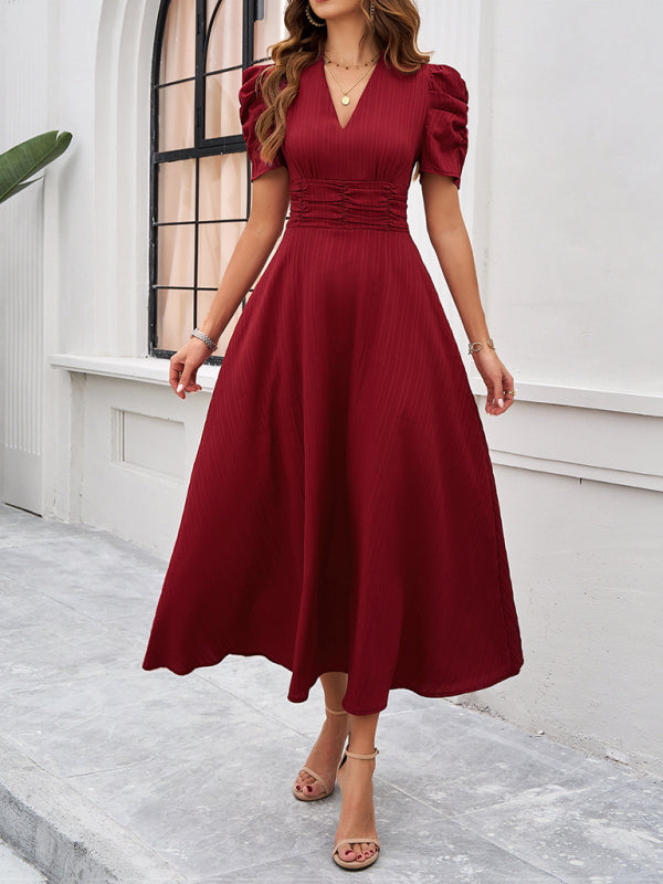 Cecily - Vestido midi con escote en V, mangas abullonadas y cintura fruncida