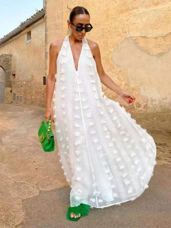 Aria - Abito lungo a fiori tridimensionale con collo all'americana