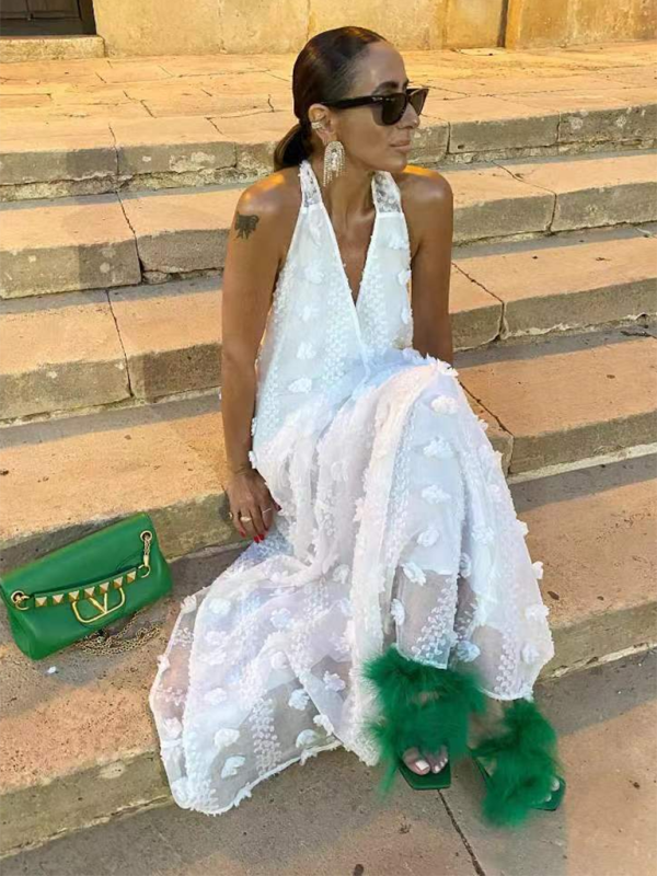 Aria - Abito lungo a fiori tridimensionale con collo all'americana