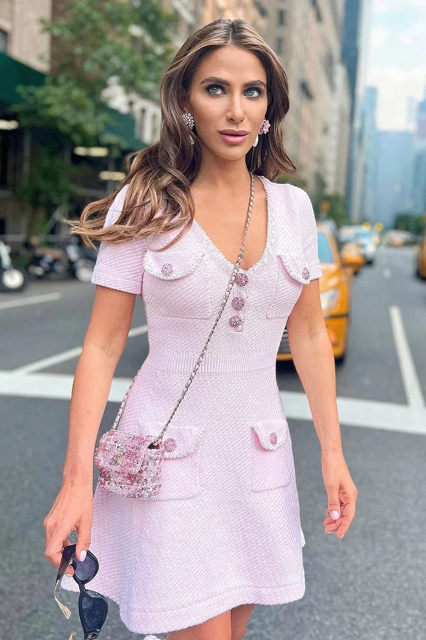 Lara - Robe Mini Rose Bébé avec Boutons Cristal et Poches