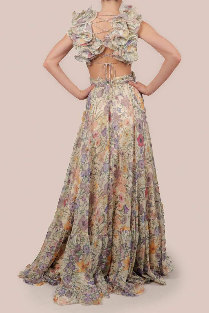 Belinda - Abito lungo Garden Romance in chiffon floreale elegante, abito da cerimonia